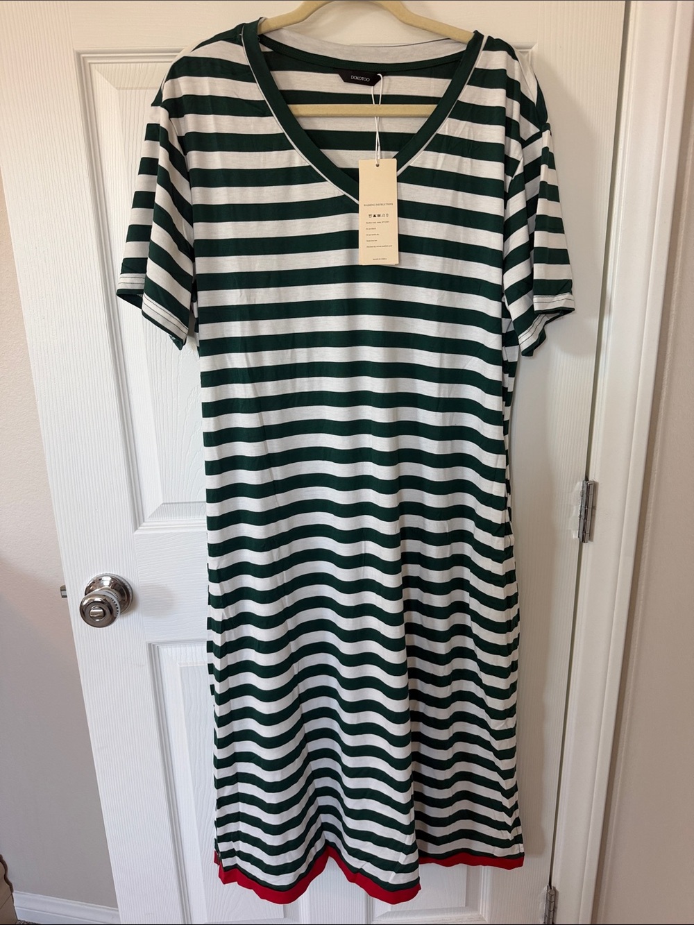 Striped V-Neck Midi Dress in Green and White with Red Hem